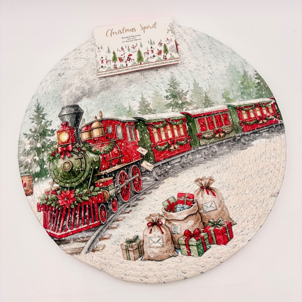 Christmas Spirit Braided Placemat Set of 4 Round 15" Holiday Train Snowy Scene
